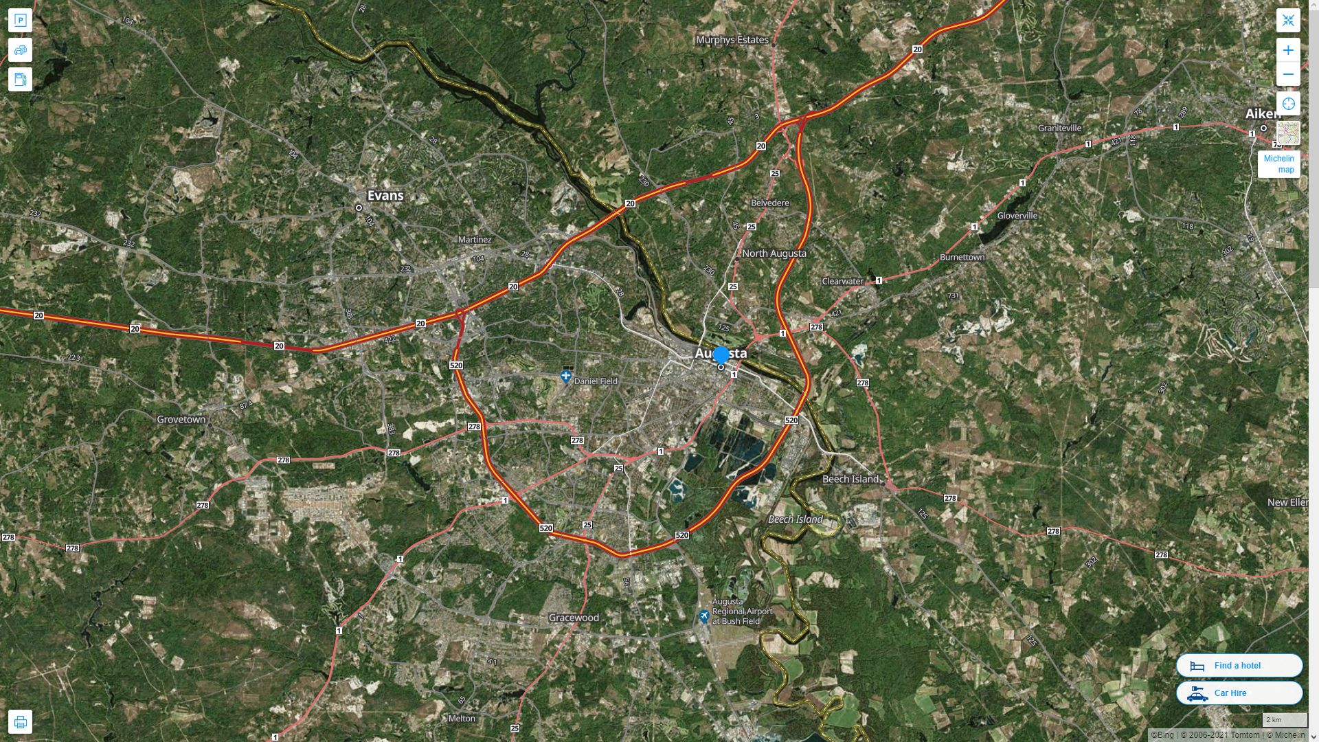 Augusta Georgia Highway and Road Map with Satellite View